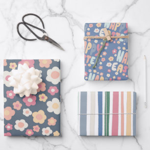 Happy Paast Colorful Modern Stripes Daisies Cute Inpakpapier Vel