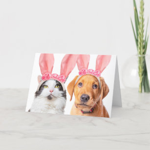 Happy Paast Cute Cat en Puppy in Bunny Ears Feestdagen Kaart