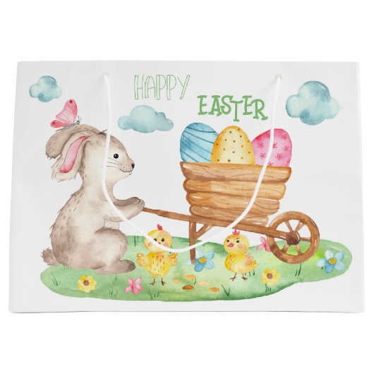 Happy Paast Cute Waterverf Bunny Chicks Eggs Groot Cadeauzakje (Voorkant)