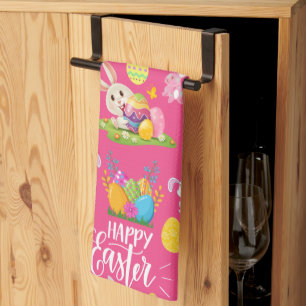 Happy Paast, grappige Bunny wil en kleurrijk Theedoek