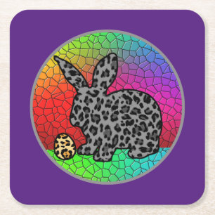 Happy Paast Leopard Print Bunny Rabbit en Egg T Vierkante Kartonnen Onderzetter