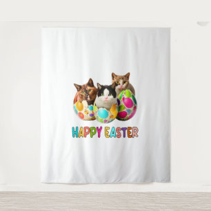 Happy Paast Three Cat Colorful Easter Eggs Kat Wandkleed