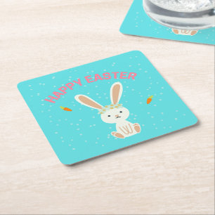 Happy Paast witte bunny op blauw Vierkante Kartonnen Onderzetter