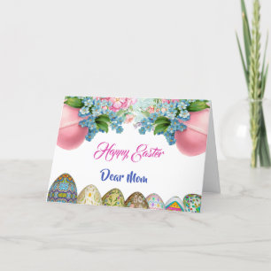 Happy Paaster Blue Roze Waterverf Floral Egg Feestdagen Kaart