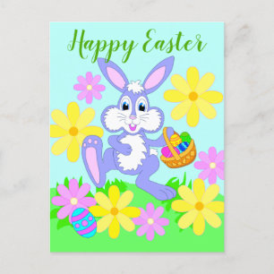 Happy Paaster Bunny Cute Cartoon Rabbit Flowers Briefkaart