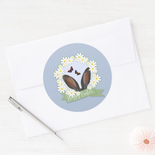 Happy Paaster Bunny Ears Daisies Wreath Ronde Sticker (Envelop)