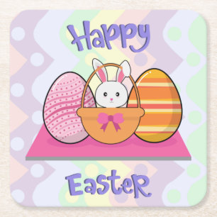 Happy Paaster Bunny Eggs Basket Cute Easter Vierkante Kartonnen Onderzetter