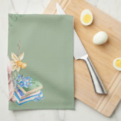 Happy Paaster Bunny en Stack of Books Theedoek (Quarter Fold)