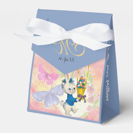 Happy Paaster Bunny Monogram Waterverf Blauwe Kind Bedankdoosjes (Voorkant Zijde)