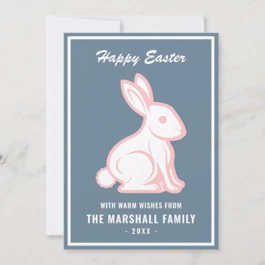 Happy Paaster Bunny Rabbit Slate Blue White Pink Feestdagenkaart (Voorkant)