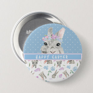 Happy Paaster Bunny Rabbits en Blue Polka Dots Ronde Button 7,6 Cm