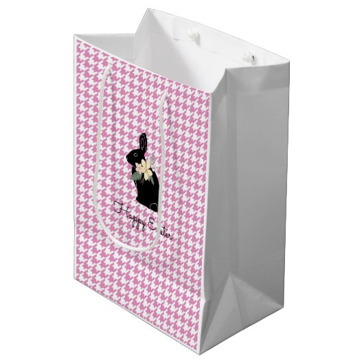 Happy Paaster Bunny Silhouette Flowers Houndstooth Medium Cadeauzakje (Voorkant Gekanteld)