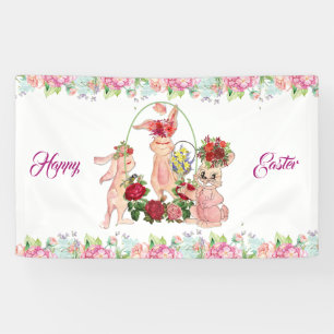 Happy Paaster Bunny Waterverf Floral Wreath Party Spandoek