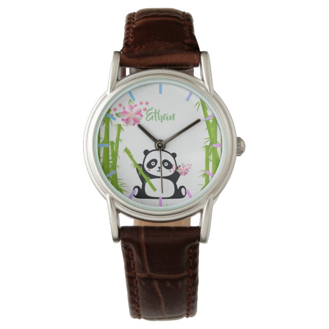 Happy Panda met Bamboo en Cherry Blossom Horloge (Voorkant)