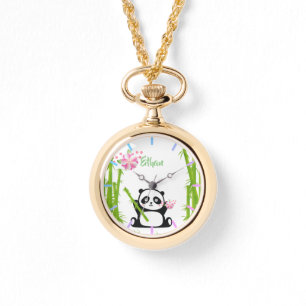 Happy Panda met Bamboo en Cherry Blossom Horloge