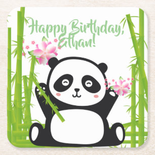 Happy Panda met Bamboo en Cherry Blossom Vierkante Kartonnen Onderzetter