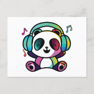 Happy Panda met hoofdtelefoons die naar muziek lui Briefkaart