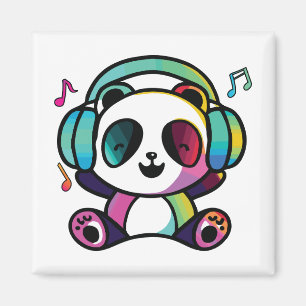 Happy Panda met hoofdtelefoons die naar muziek lui Magneet