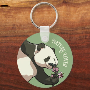 Happy Panda Ruiken Blossom Natuur Lover Cartoon Sleutelhanger