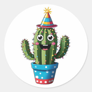 Happy Party Cactus – Schattige feestelijk Cartoon Ronde Sticker