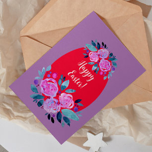Happy Pawaterverf floral red egg Feestdagenkaart