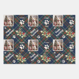 Happy Pawholidays Hond Blauw Plaid Kerstmis Inpakpapier Vel