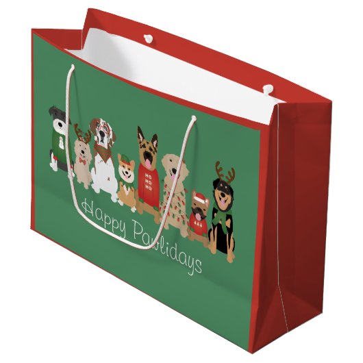 Happy Pawholidays Honden Rood Groen Groot Cadeauzakje (Voorkant Gekanteld)