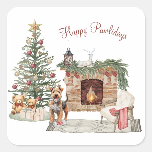 Happy Pawholidays Hondenontwerp - Airedale Vierkante Sticker (Voorkant)
