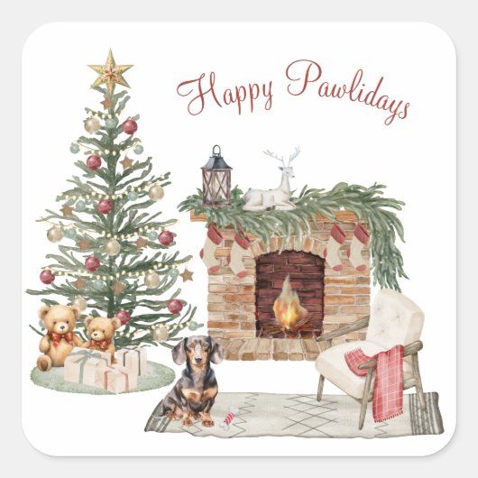 Happy Pawholidays Hondenontwerp - Dachshund Vierkante Sticker (Voorkant)