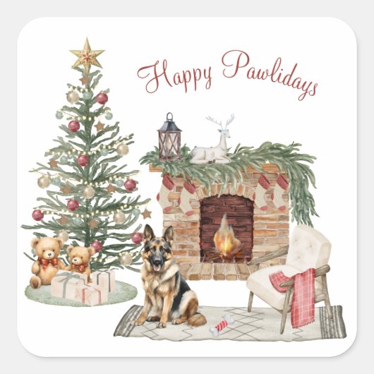 Happy Pawholidays Hondenontwerp- German Shepherd Vierkante Sticker (Voorkant)