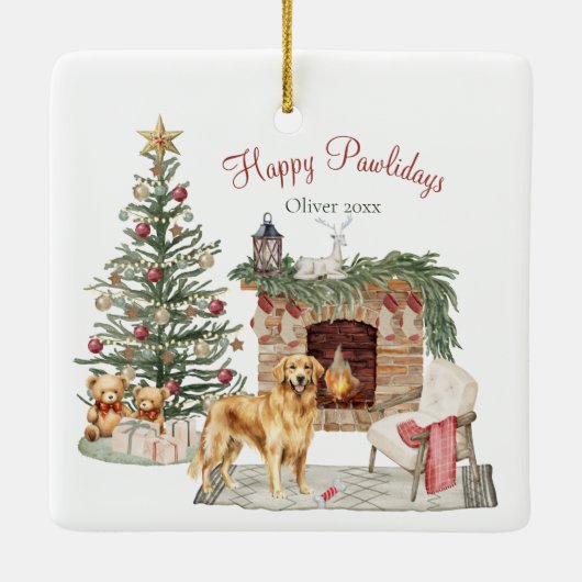 Happy Pawholidays Hondenontwerp - Golden Retriever Keramisch Ornament (Achterkant)