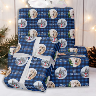 Happy Pawlidays Blue Holiday Pset Cat Dog Foto Cadeaupapier