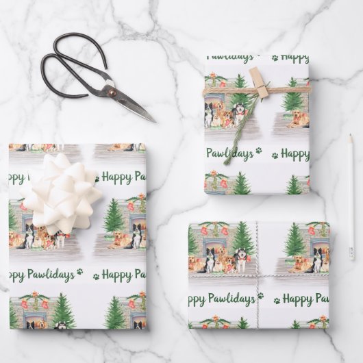 Happy Pawlidays Cute Dogs Hondenliefhebber Kerstmi Inpakpapier Vel (Voorkant)