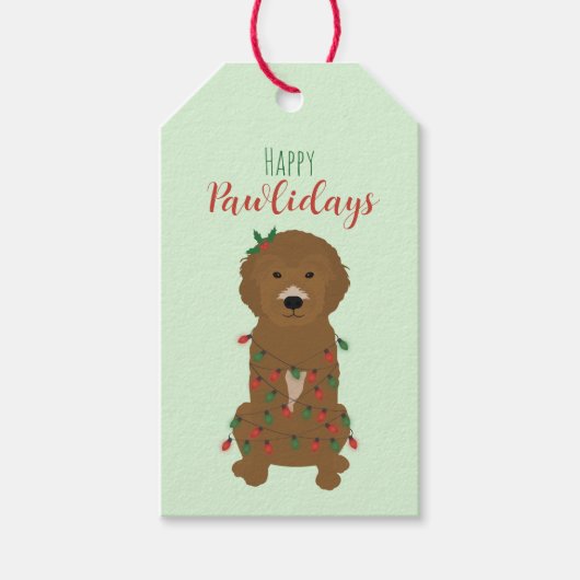 Happy Pawlidays Goldendoedle kerstlampjes Cadeaulabel (Voorkant)