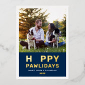 Happy Pawlidays Modern Gold Navy Puppy Dog Foto Folie Feestdagenkaart (Voorkant)