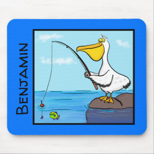 Happy pelican met cartoon op de visstaaf muismat