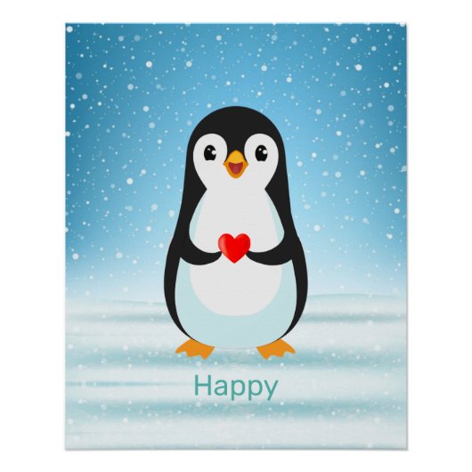 Happy Penguin die een hart vasthoudt Perfect Poster (Voorkant)