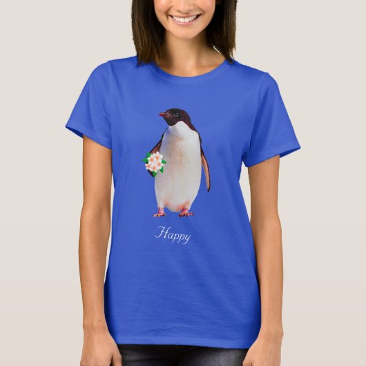 Happy Penguin Holding Flowers T-Shirt (Voorkant)