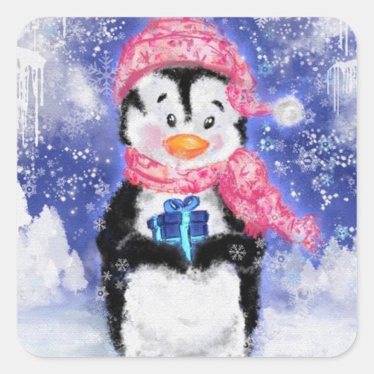 Happy Penguin - Kerstmis - Vierkante Sticker (Voorkant)