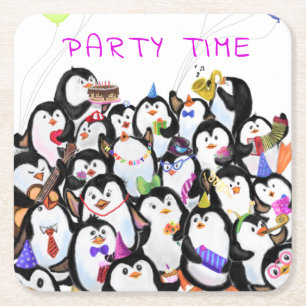 Happy Penguins Party Cartoon Drawing - Cute Funny Vierkante Kartonnen Onderzetter