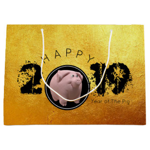 Happy PIg Jaar 2019 Origineel 3D goud L Gift Bag 2 Groot Cadeauzakje