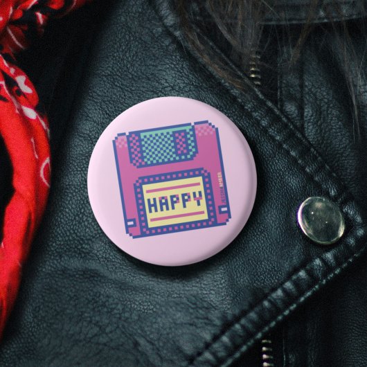 Happy Pink Blue Pixel Art 90s diskette Ronde Button 3,2 Cm
