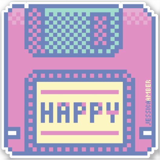 Happy Pink Blue Pixel Art 90s Disquette Sticker (Devant)