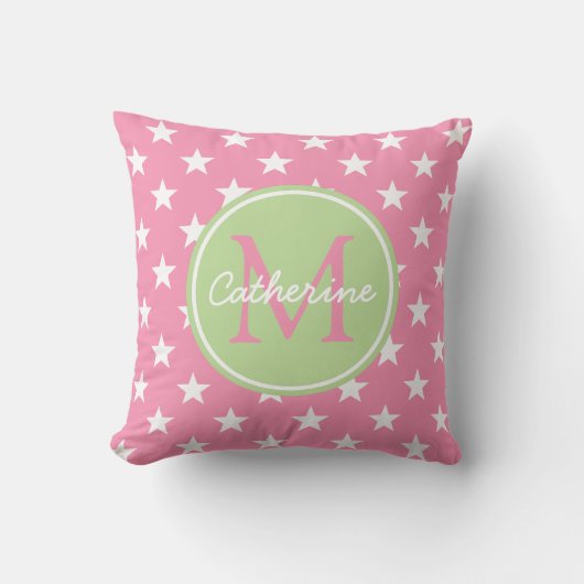 Happy Pink en Mint Green Stars Monogram Kussen (Voorkant)