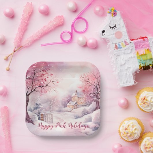 Happy Pink Feestdagen Kerstsneeuw Scene Papieren Bordje (Feest)
