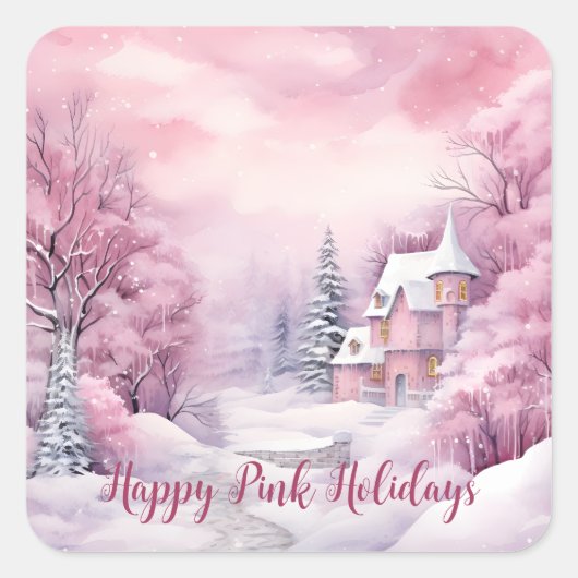 Happy Pink Feestdagen Kerstsneeuw Scene Vierkante Sticker (Voorkant)