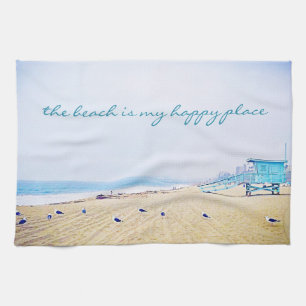 "Happy Place" Aqua Sky & Sandy Beach Photo Kitchen Theedoek