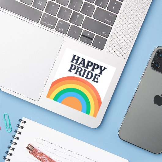 Happy Pride Minimalist Rainbow Sticker (Ordinateur portable avec iPhone)