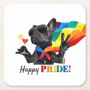 Happy Pride Party Dog in Rainbow Cape Vierkante Kartonnen Onderzetter