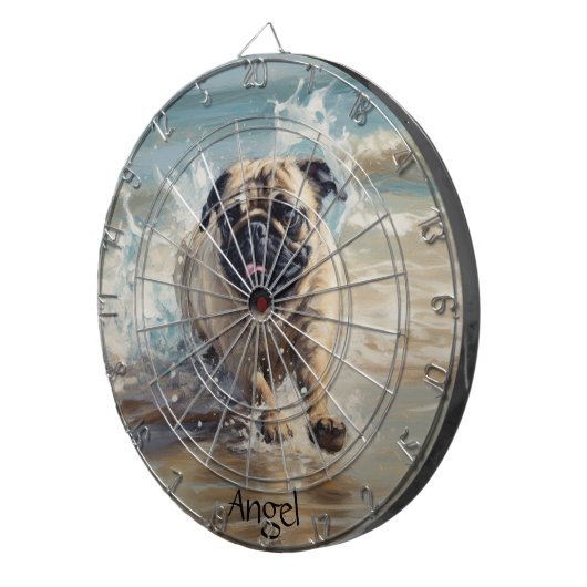 Happy Pug op het strand aanpasbaar Dartbord (Voorkant Rechts)